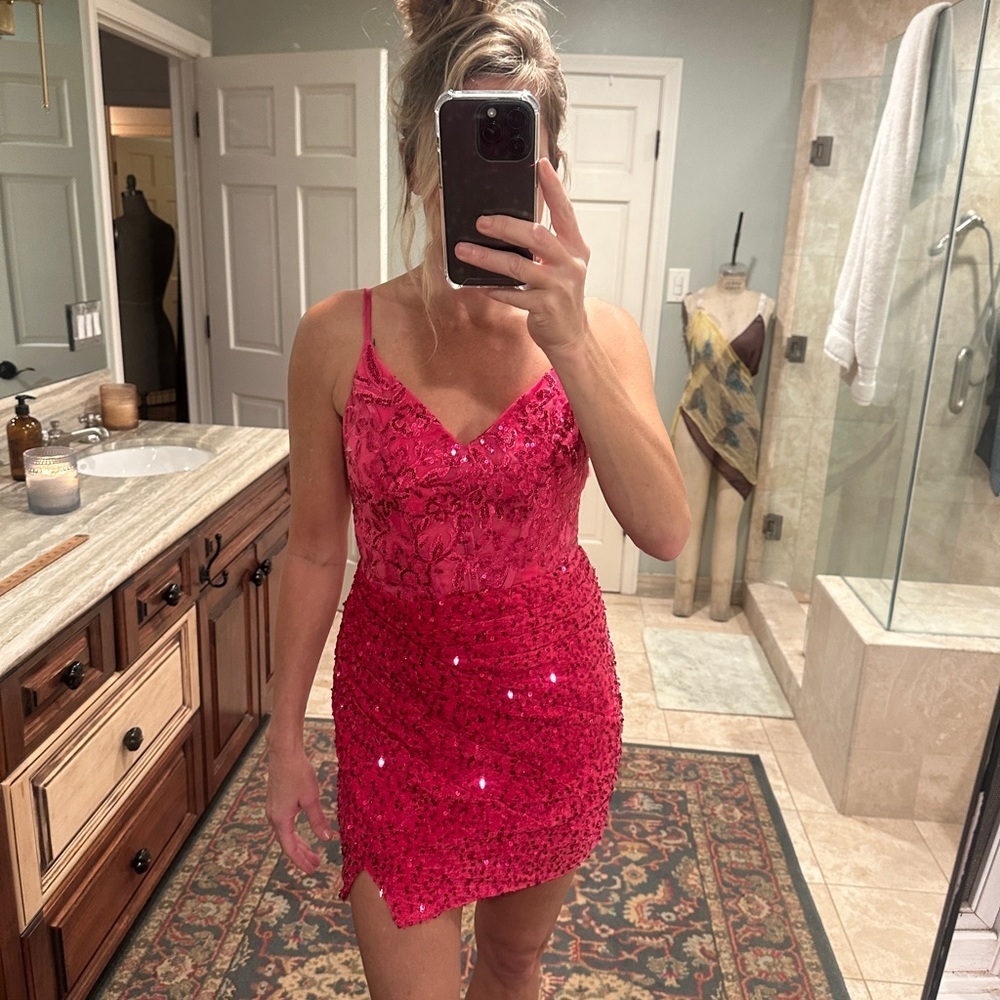 Pink Sequin Formal Mini Dress. New with tags. Barbie pink. Size 4 - Picture 3 of 14